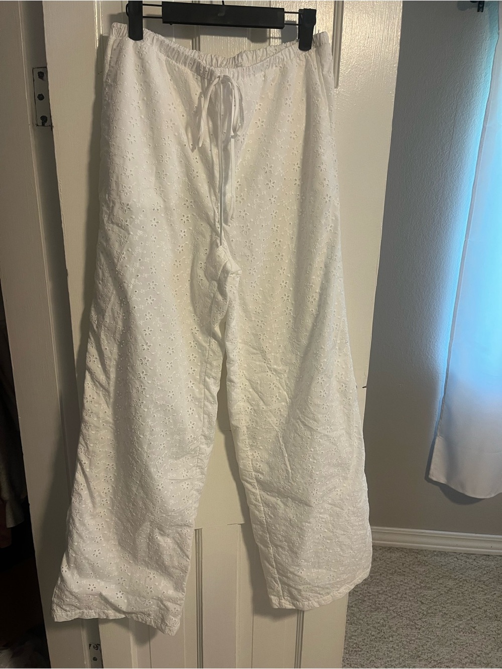 White Eyelet Drawstring Wide-Leg Pants